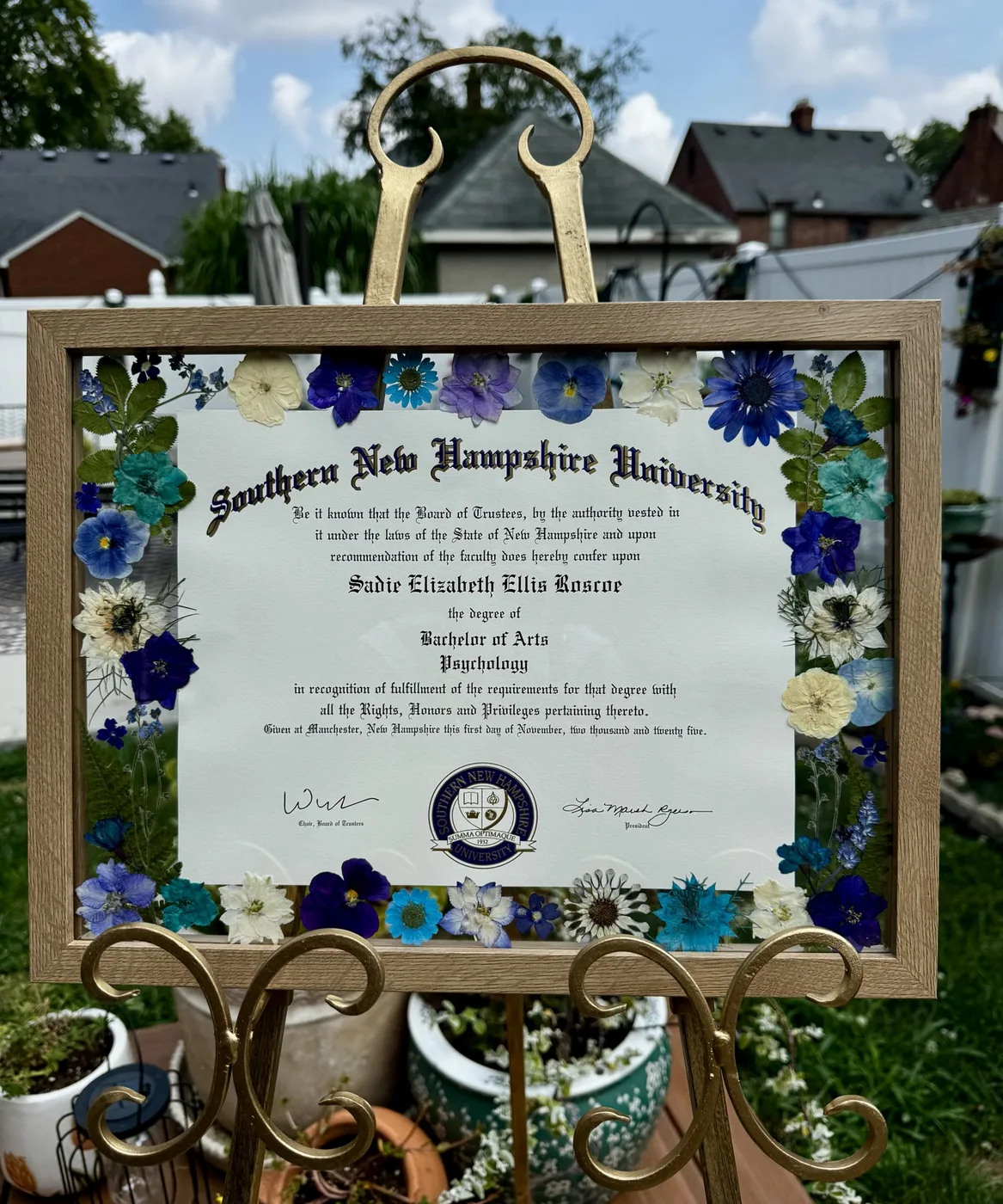A university diploma bordered with pressed flowers