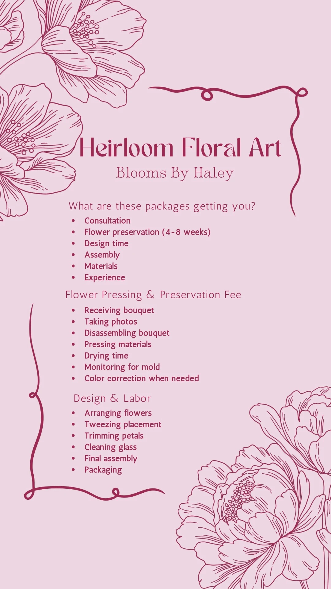 What the packages include: consultation, flower preservation (4–8 weeks), design time, assembly, materials, and experience. Flower pressing and preservation fee covers receiving the bouquet, taking photos, disassembling the bouquet, pressing materials, drying time, monitoring for mold, and color correction when needed. Design and labor covers arranging flowers, tweezing placement, trimming petals, cleaning glass, final assembly, and packaging.